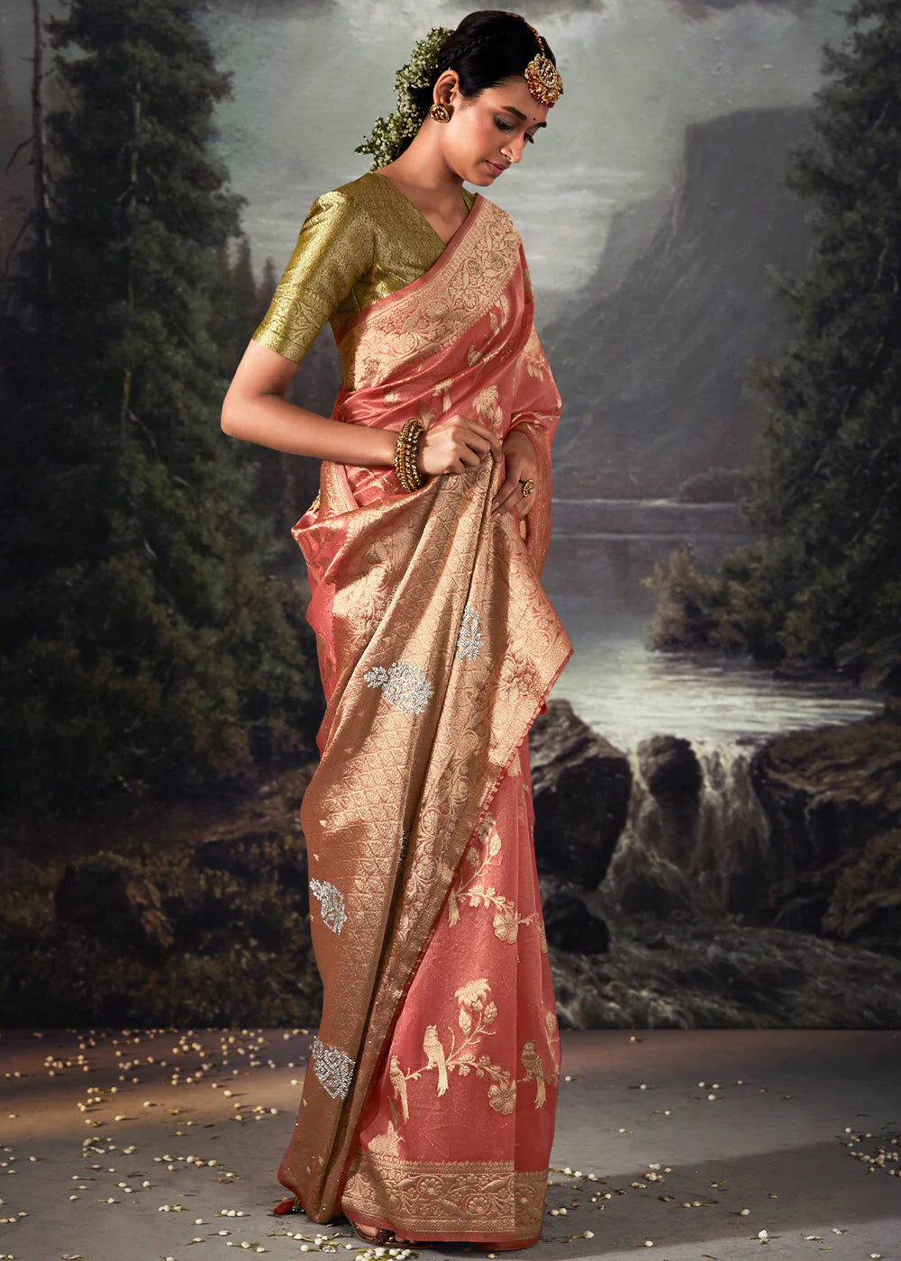 Carrot Peach ZARI WOVEN ORGANZA SILK SAREE WITH SWAROVSKI WORK