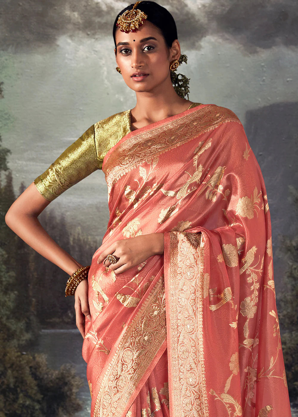 Carrot Peach ZARI WOVEN ORGANZA SILK SAREE WITH SWAROVSKI WORK