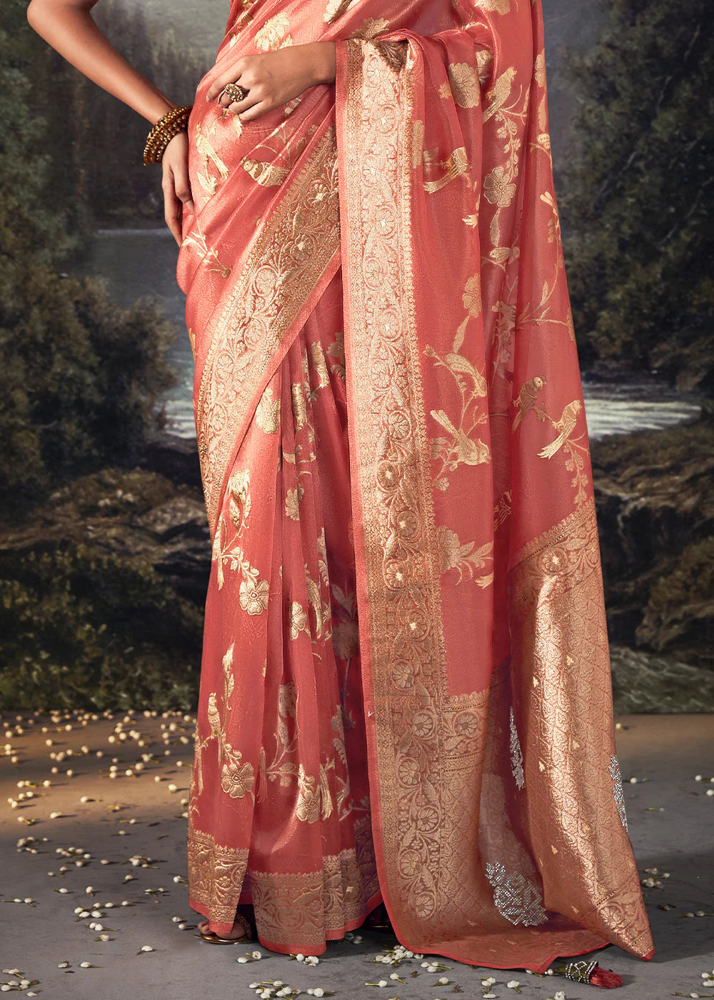 Carrot Peach ZARI WOVEN ORGANZA SILK SAREE WITH SWAROVSKI WORK