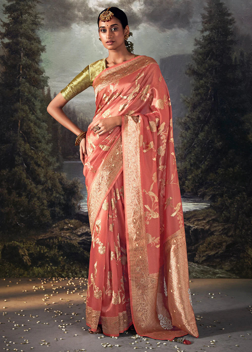 Carrot Peach ZARI WOVEN ORGANZA SILK SAREE WITH SWAROVSKI WORK