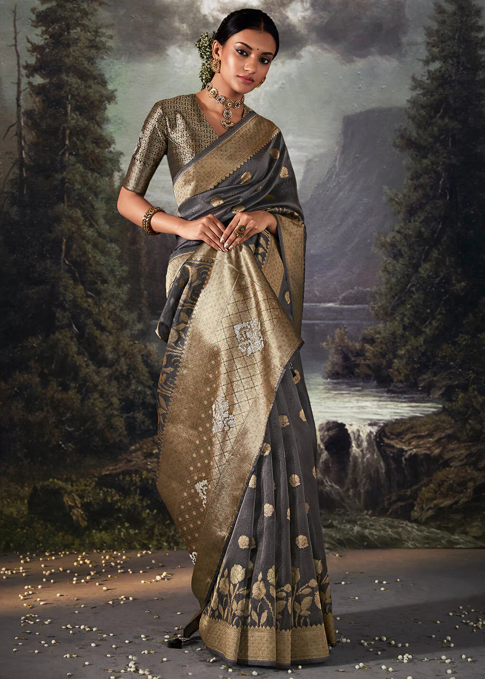 Classic Grey ZARI WOVEN ORGANZA SILK SAREE WITH SWAROVSKI WORK