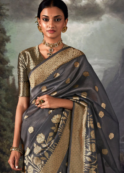 Classic Grey ZARI WOVEN ORGANZA SILK SAREE WITH SWAROVSKI WORK