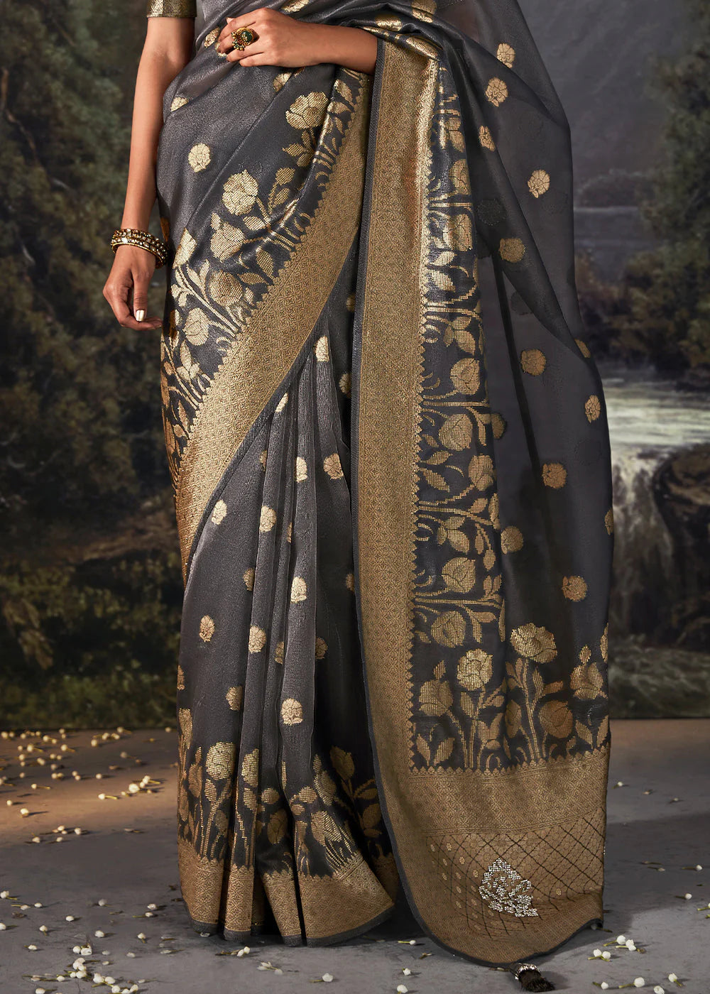 Classic Grey ZARI WOVEN ORGANZA SILK SAREE WITH SWAROVSKI WORK