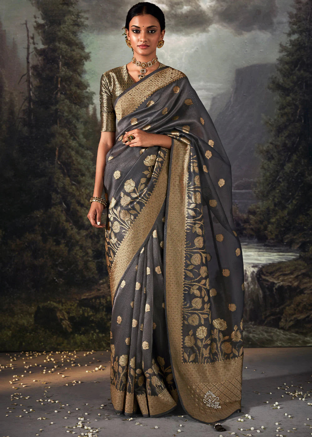 Classic Grey ZARI WOVEN ORGANZA SILK SAREE WITH SWAROVSKI WORK