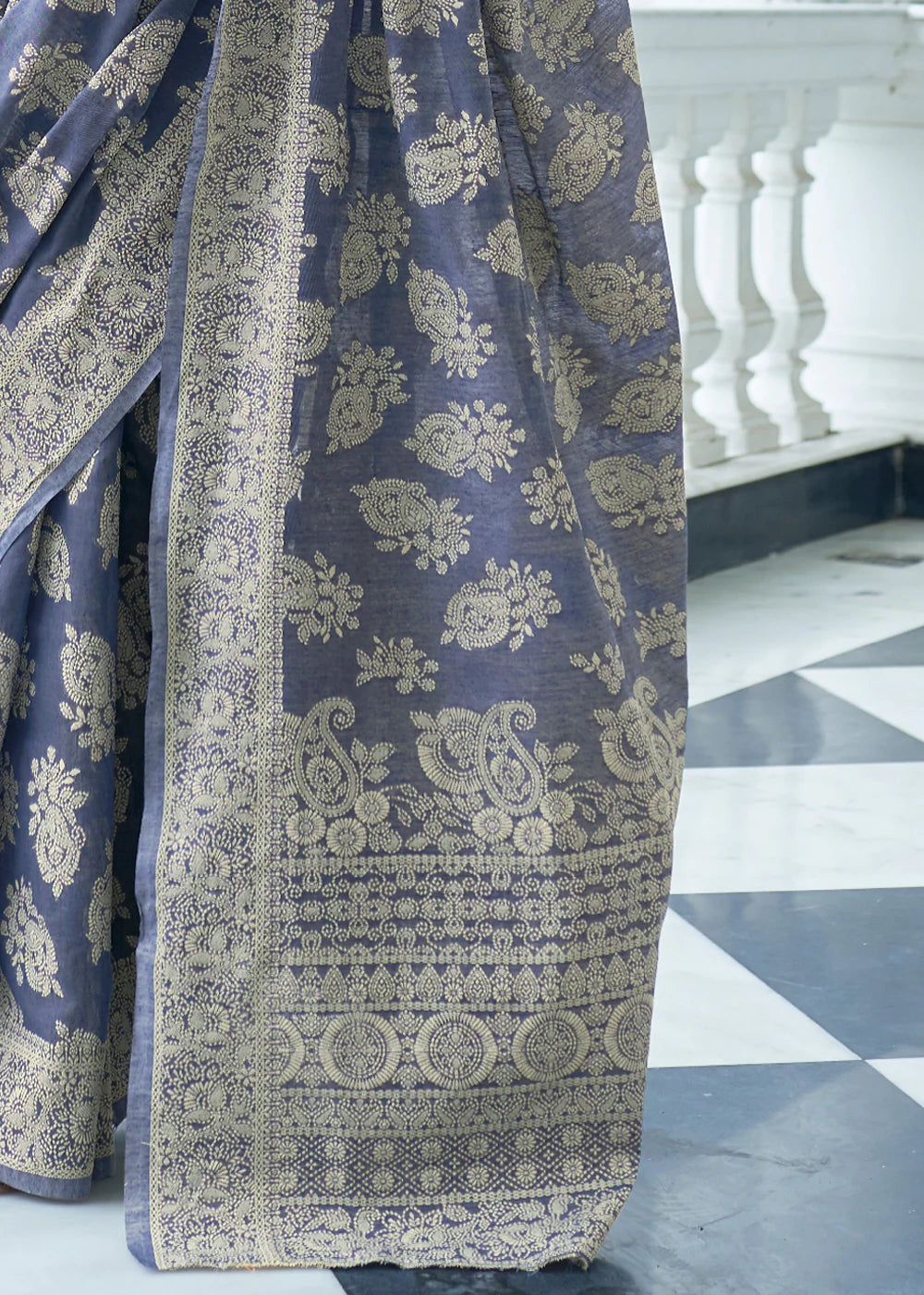 Twilight Greyish Blue Lucknowi Chikankari Cotton Saree