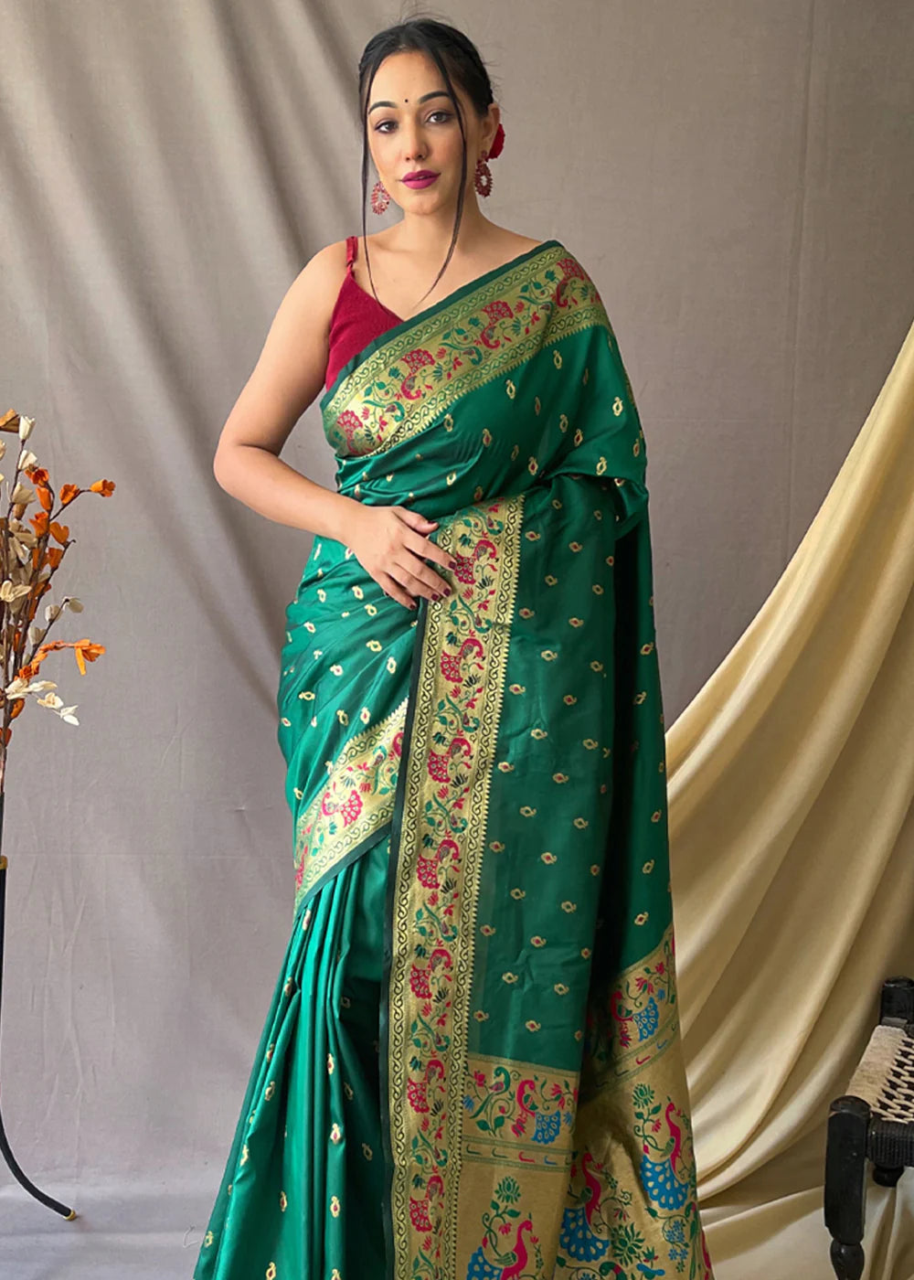 JUNGLE GREEN Woven Paithani Silk Saree