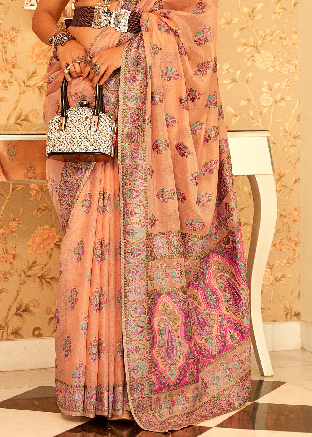 Peach Kashmiri Jamewar Pashmina Silk Saree