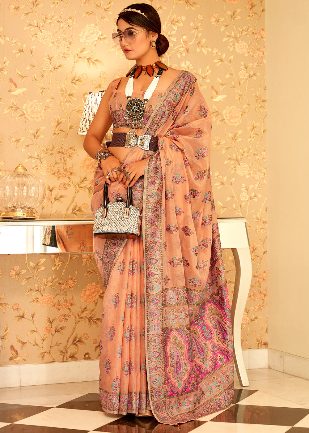 Peach Kashmiri Jamewar Pashmina Silk Saree