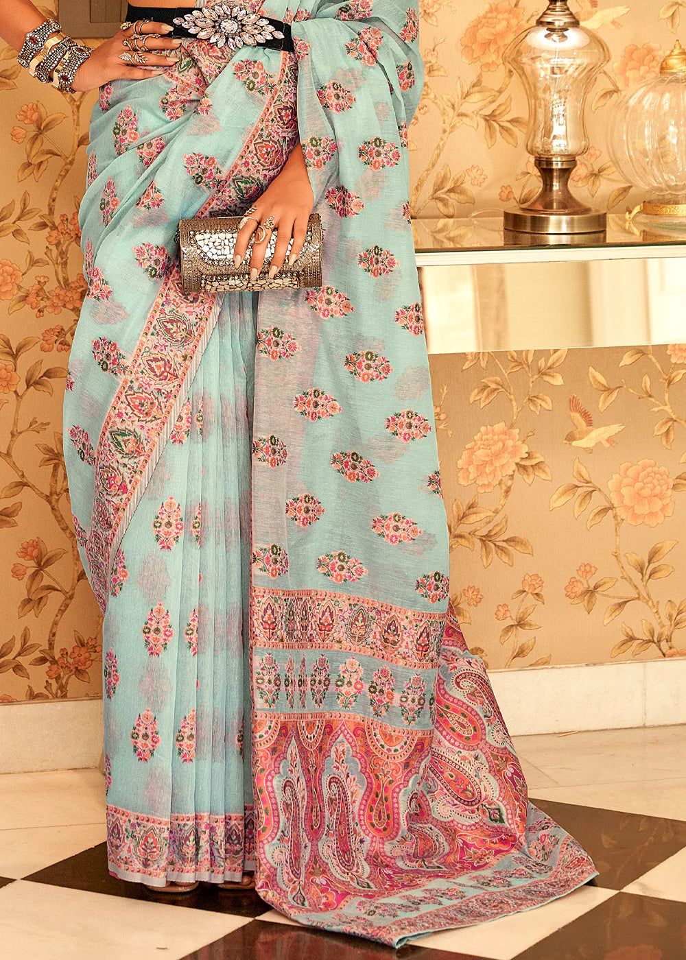 BABY BLUE Kashmiri Jamewar Pashmina Silk Saree