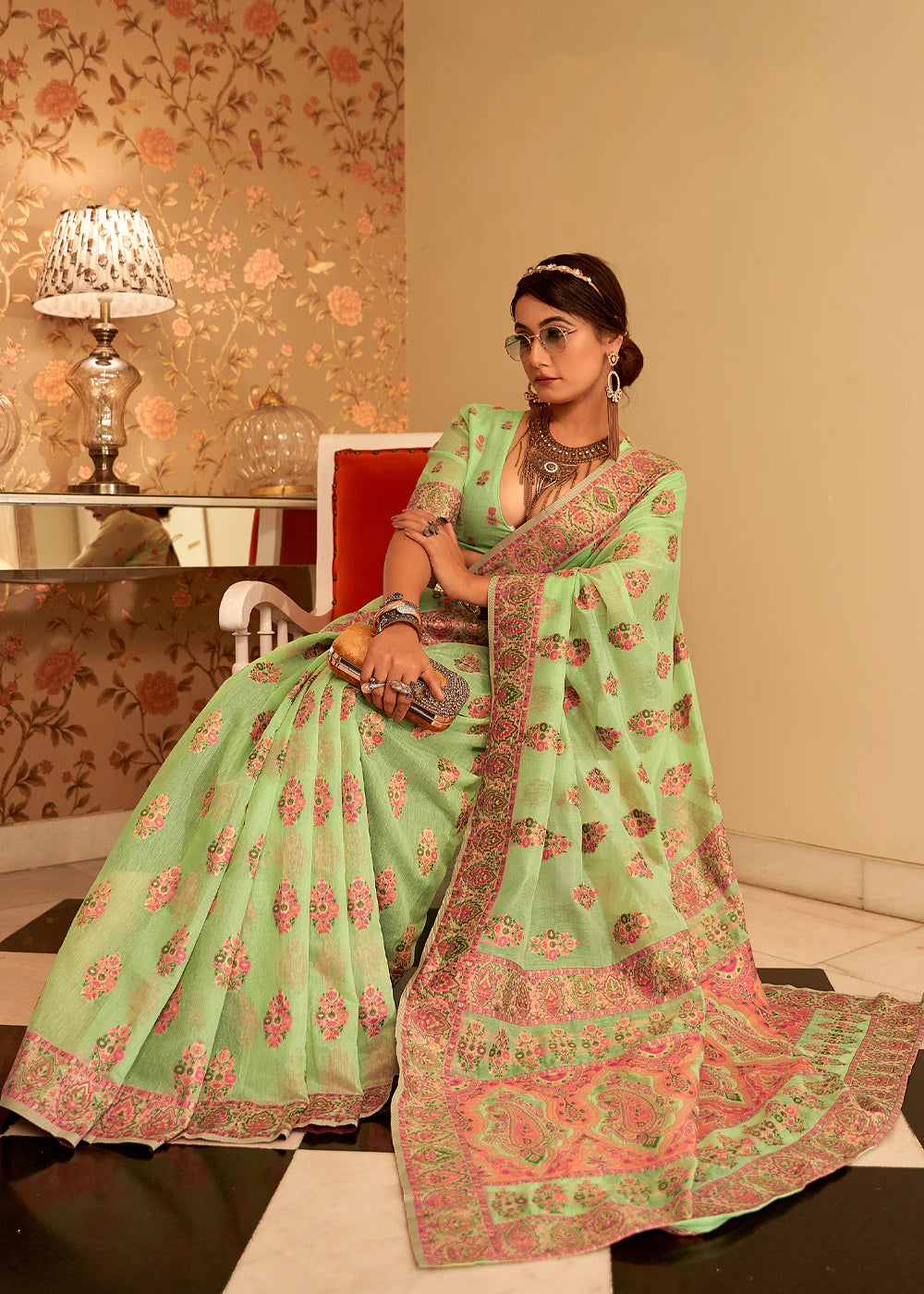 MINT GREEN Kashmiri Jamewar Pashmina Silk Saree