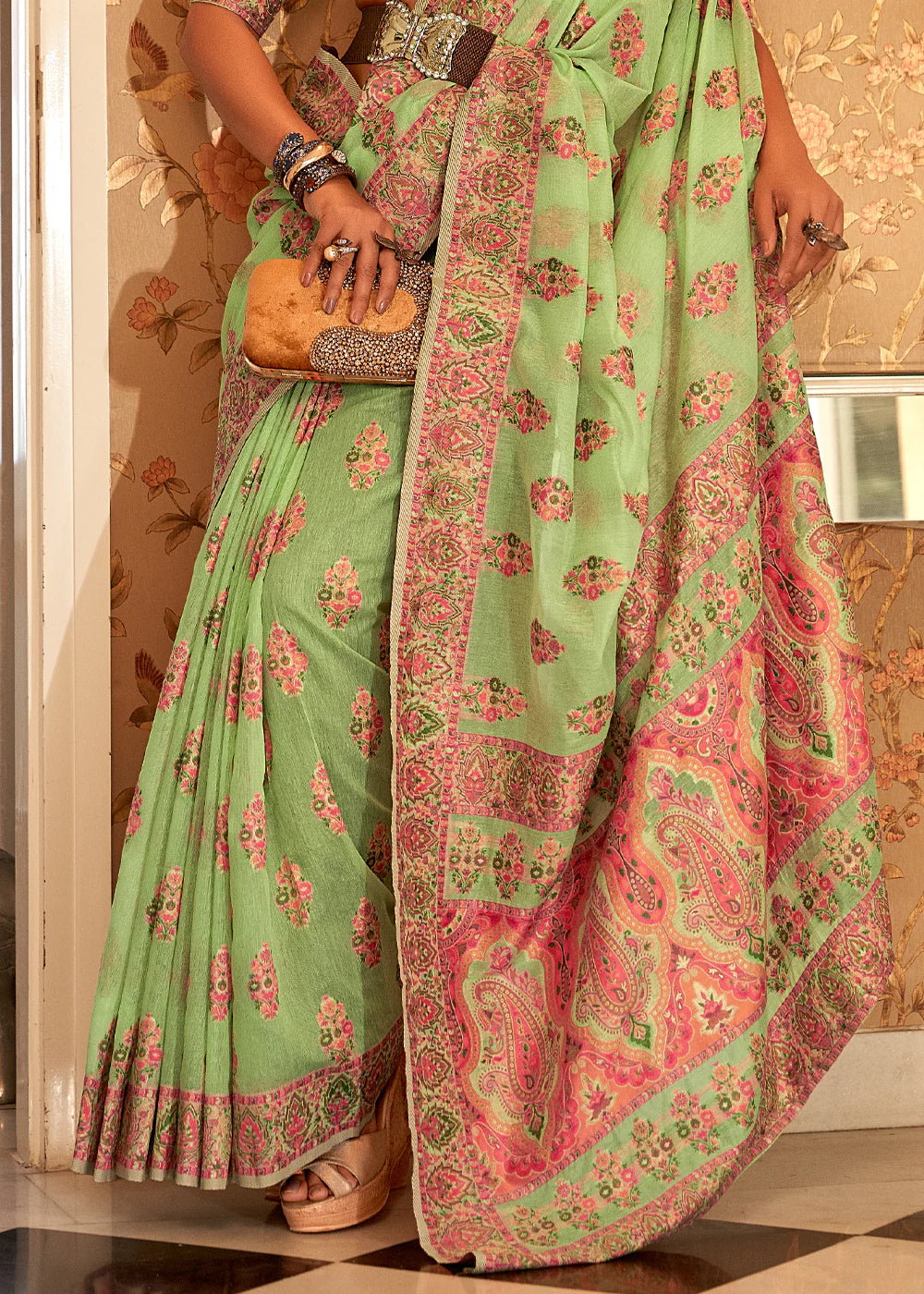 MINT GREEN Kashmiri Jamewar Pashmina Silk Saree