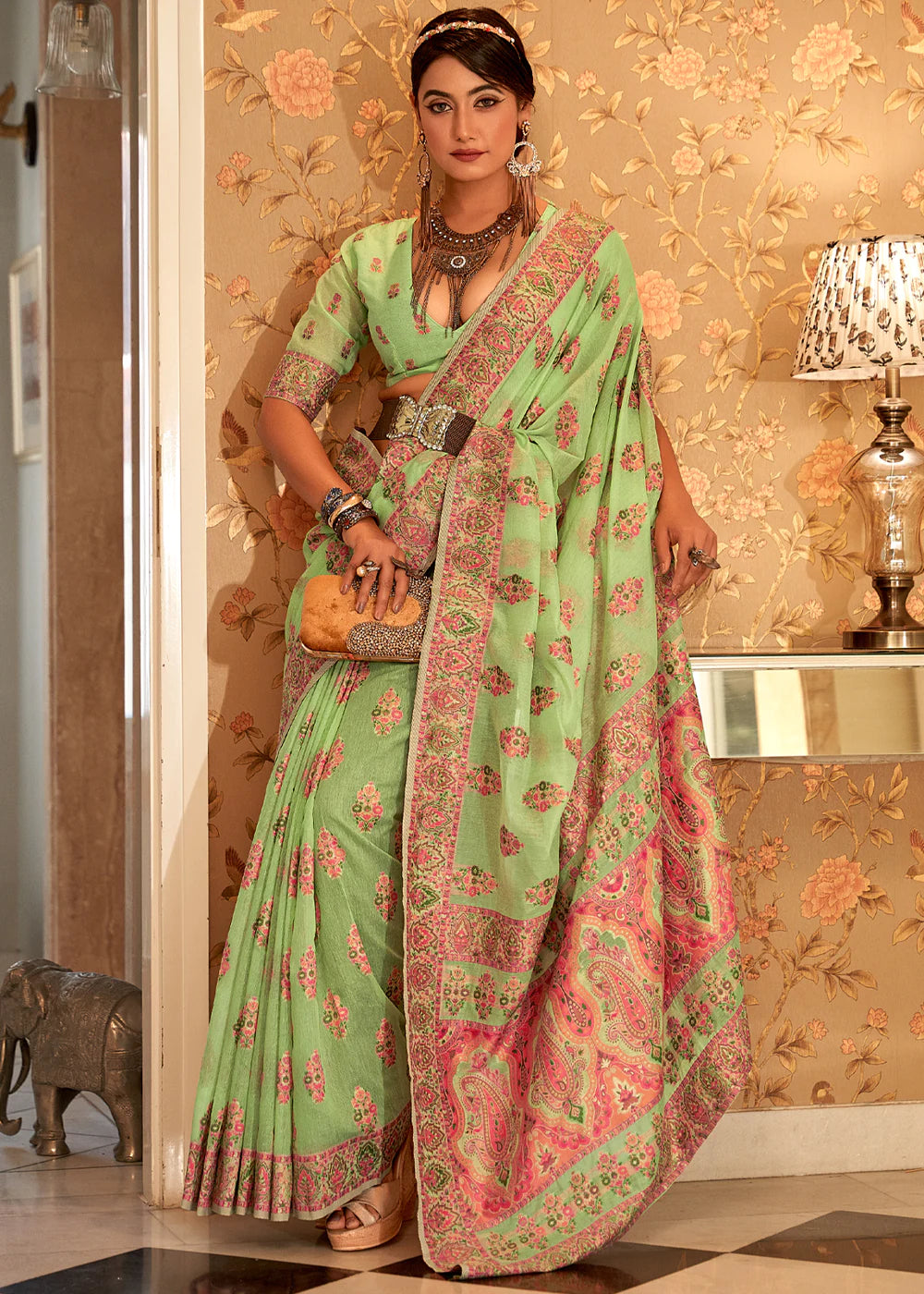 MINT GREEN Kashmiri Jamewar Pashmina Silk Saree