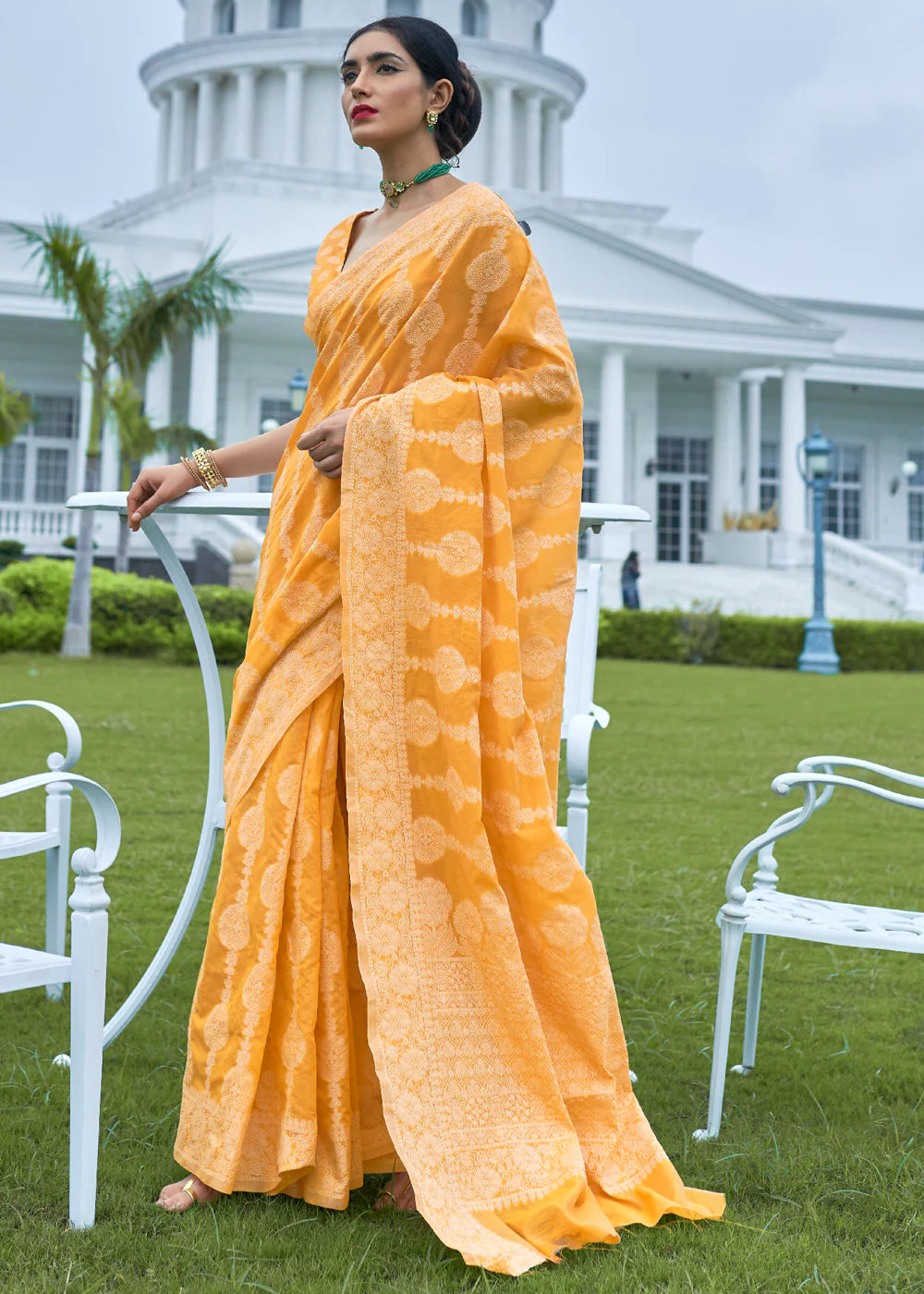 Sunny Delight Yellow Lucknowi Chikankari Cotton Saree