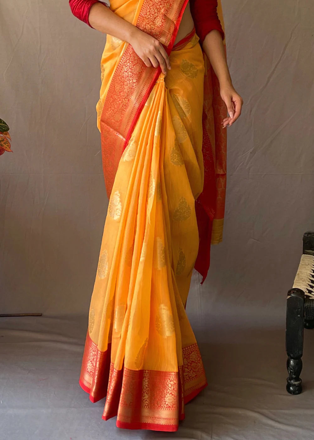 GOLDEN YELLOW Linen  Banarasi Silk Saree