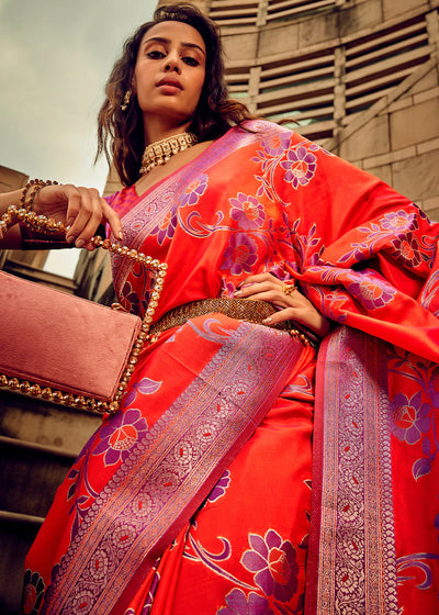 ORANGE ZARI WOVEN SATIN Banarasi SILK SAREE