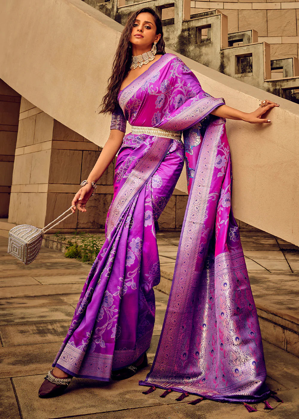 Purple ZARI WOVEN SATIN Banarasi SILK SAREE