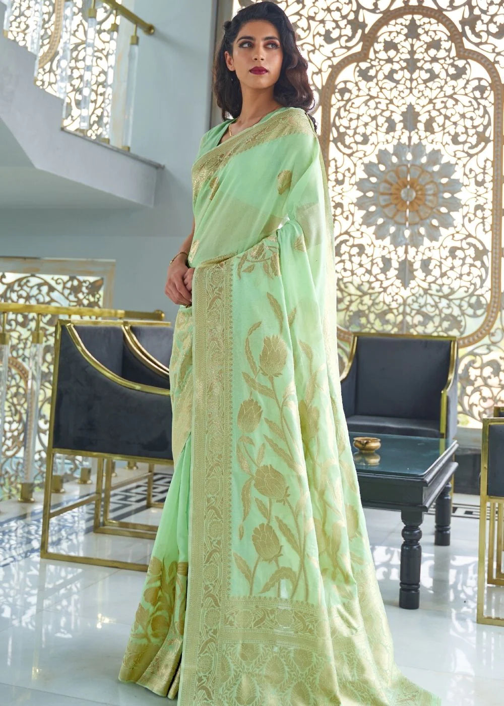 PISTA GREEN ZARI WOVEN DESIGNER SILK SAREE