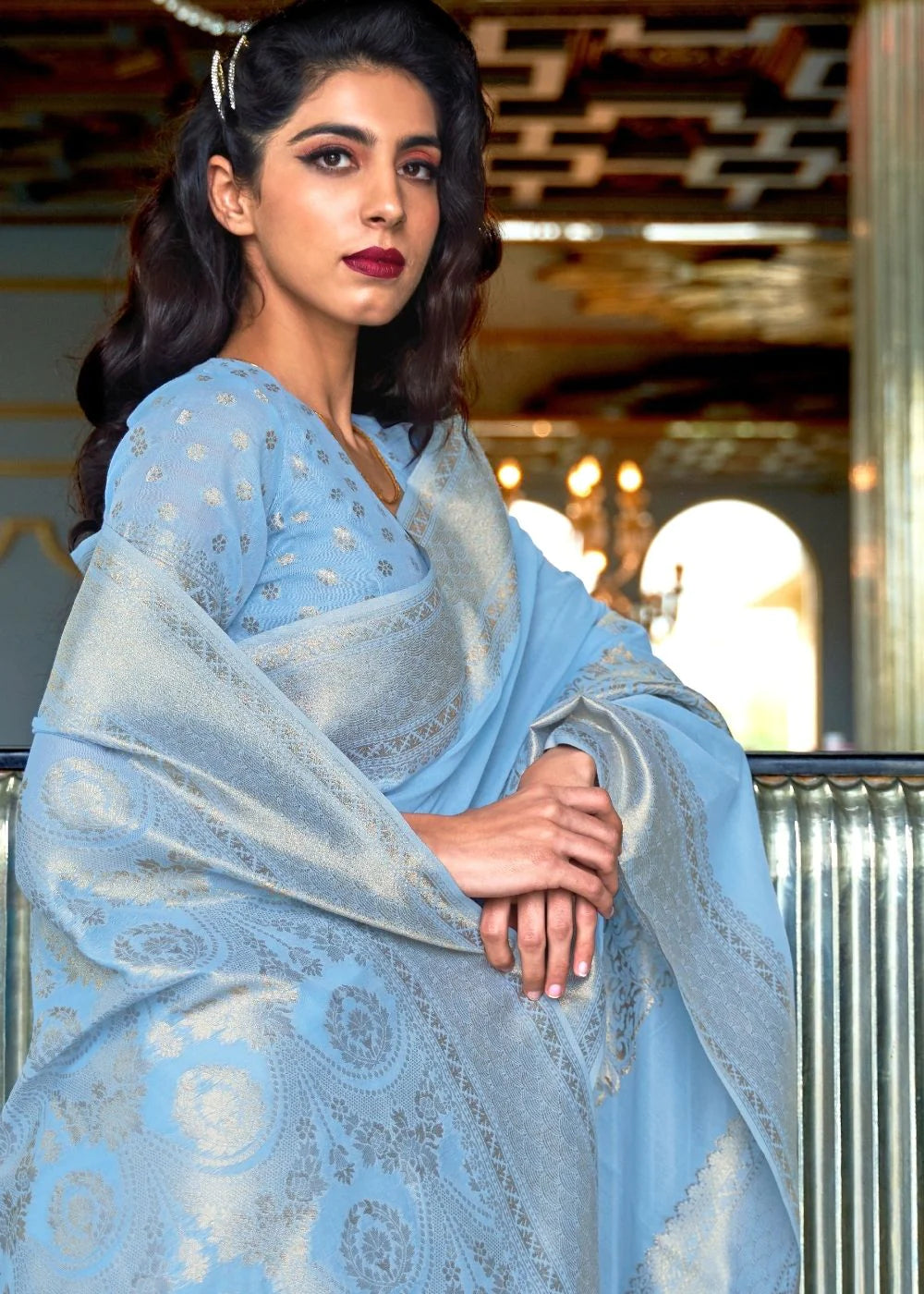 BABY BLUE ZARI WOVEN DESIGNER SILK SAREE