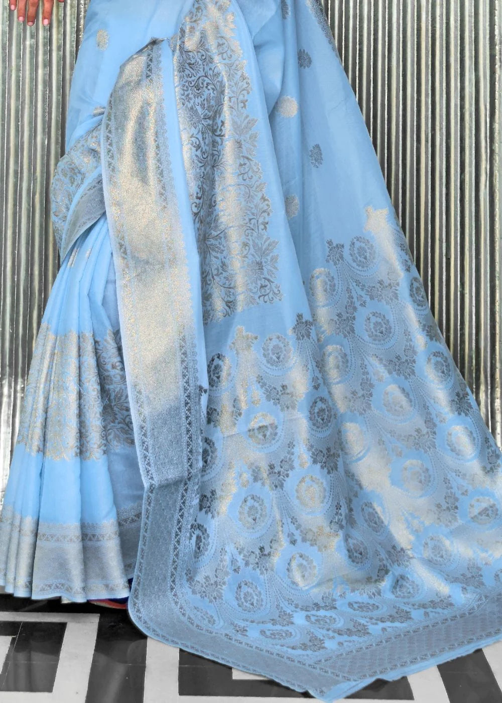 BABY BLUE ZARI WOVEN DESIGNER SILK SAREE