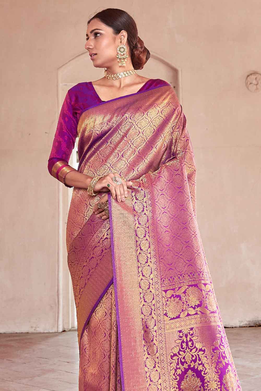 MAUVE PURPLE HANDLOOM WEAVE Swarovski KANJIVARAM SILK SAREE