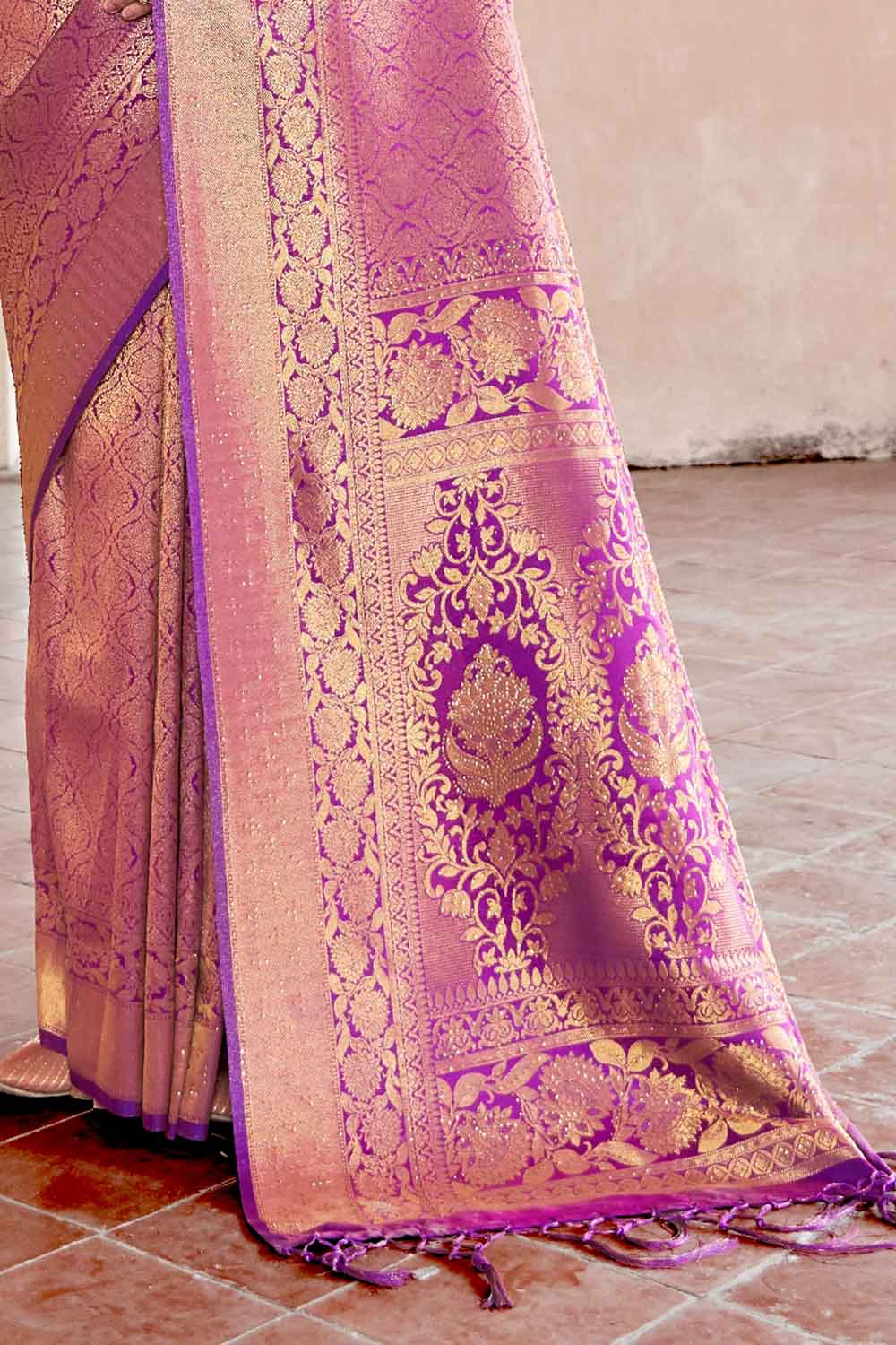 MAUVE PURPLE HANDLOOM WEAVE Swarovski KANJIVARAM SILK SAREE