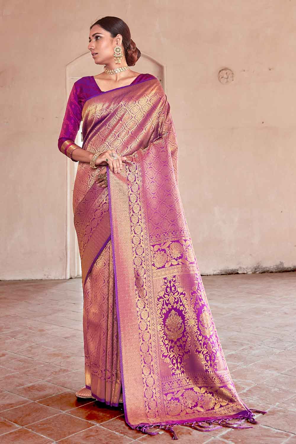 MAUVE PURPLE HANDLOOM WEAVE Swarovski KANJIVARAM SILK SAREE