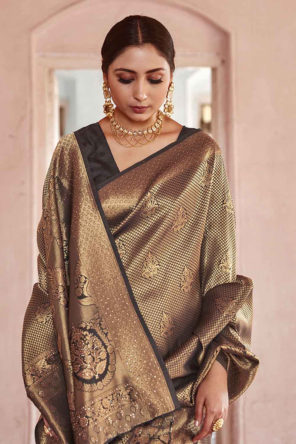 BLACK GOLD HANDLOOM WEAVE Swarovski KANJIVARAM SILK SAREE