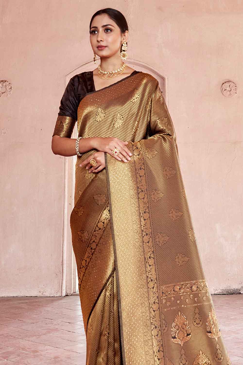 BLACK GOLD HANDLOOM WEAVE Swarovski KANJIVARAM SILK SAREE