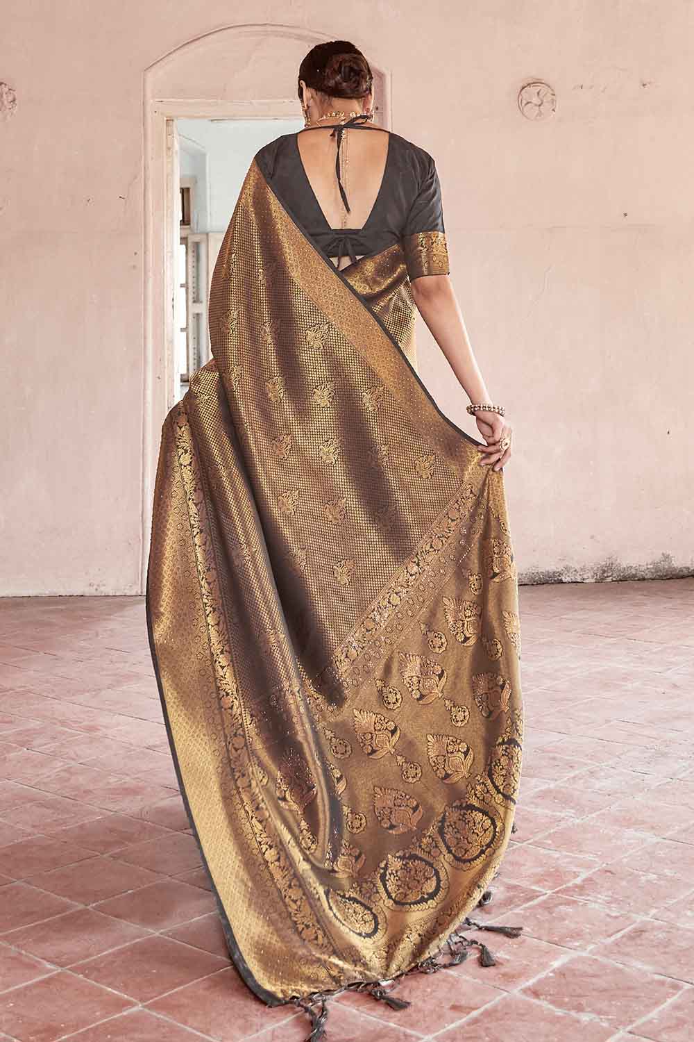 BLACK GOLD HANDLOOM WEAVE Swarovski KANJIVARAM SILK SAREE