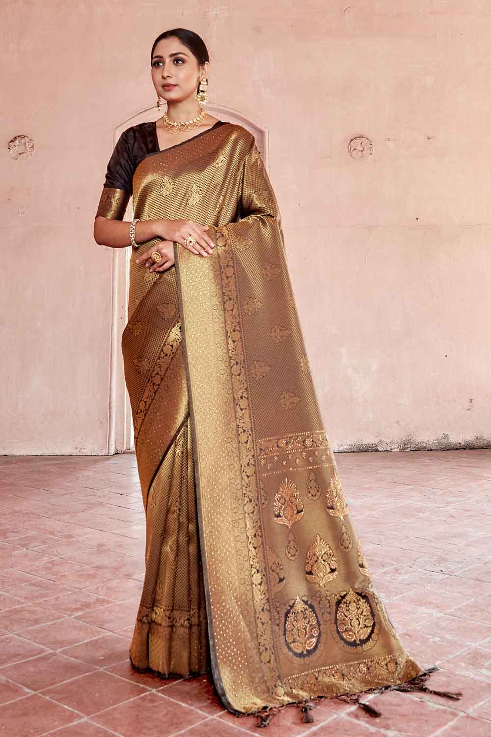 BLACK GOLD HANDLOOM WEAVE Swarovski KANJIVARAM SILK SAREE