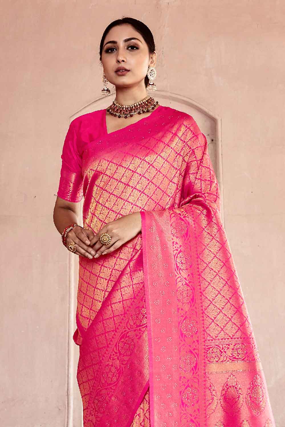 RANI PINK HANDLOOM WEAVE Swarovski KANJIVARAM SILK SAREE