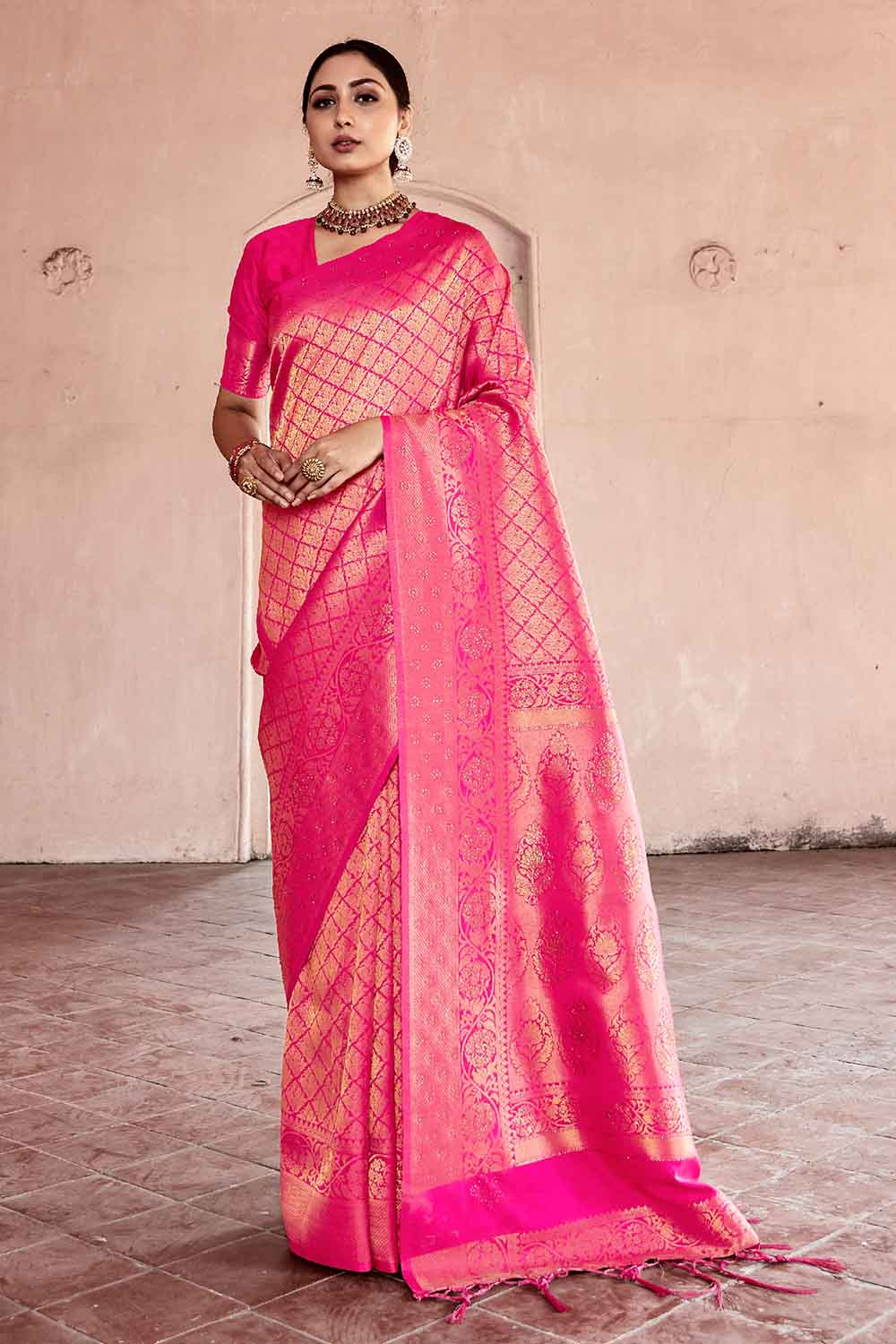 RANI PINK HANDLOOM WEAVE Swarovski KANJIVARAM SILK SAREE