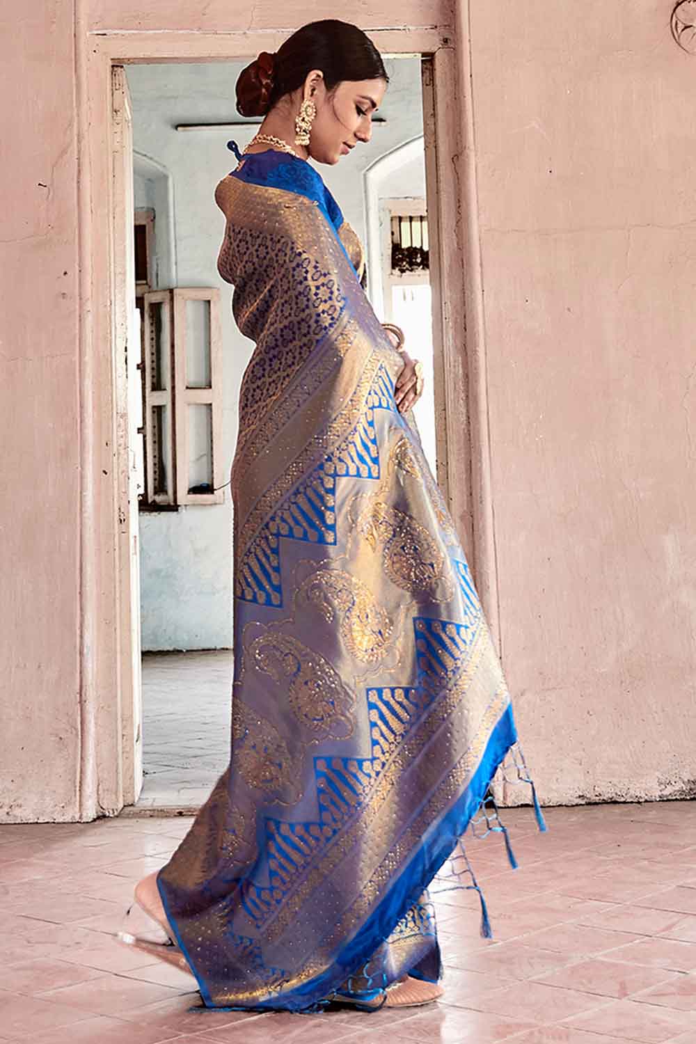 AZURE BLUE HANDLOOM WEAVE Swarovski KANJIVARAM SILK SAREE