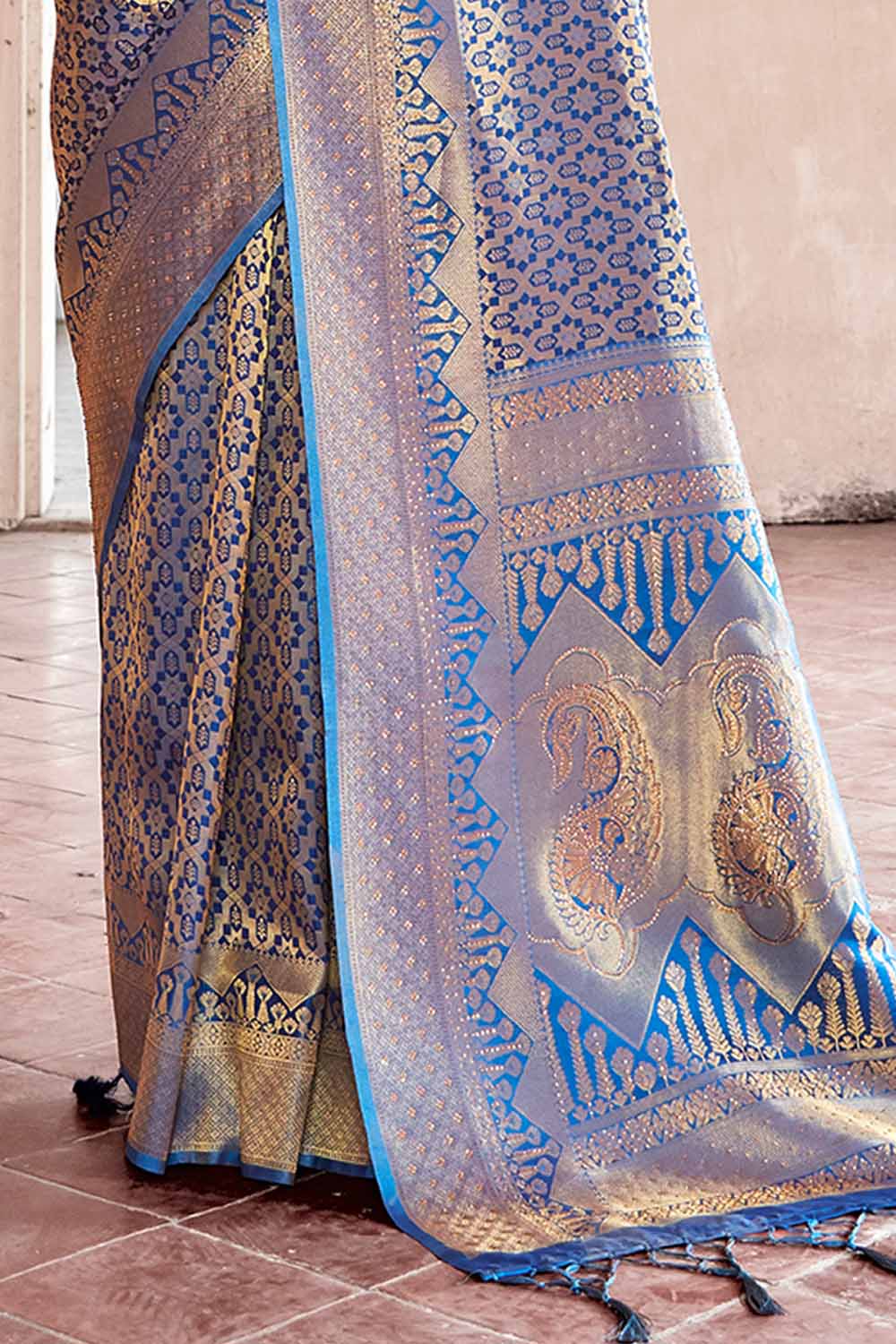 AZURE BLUE HANDLOOM WEAVE Swarovski KANJIVARAM SILK SAREE