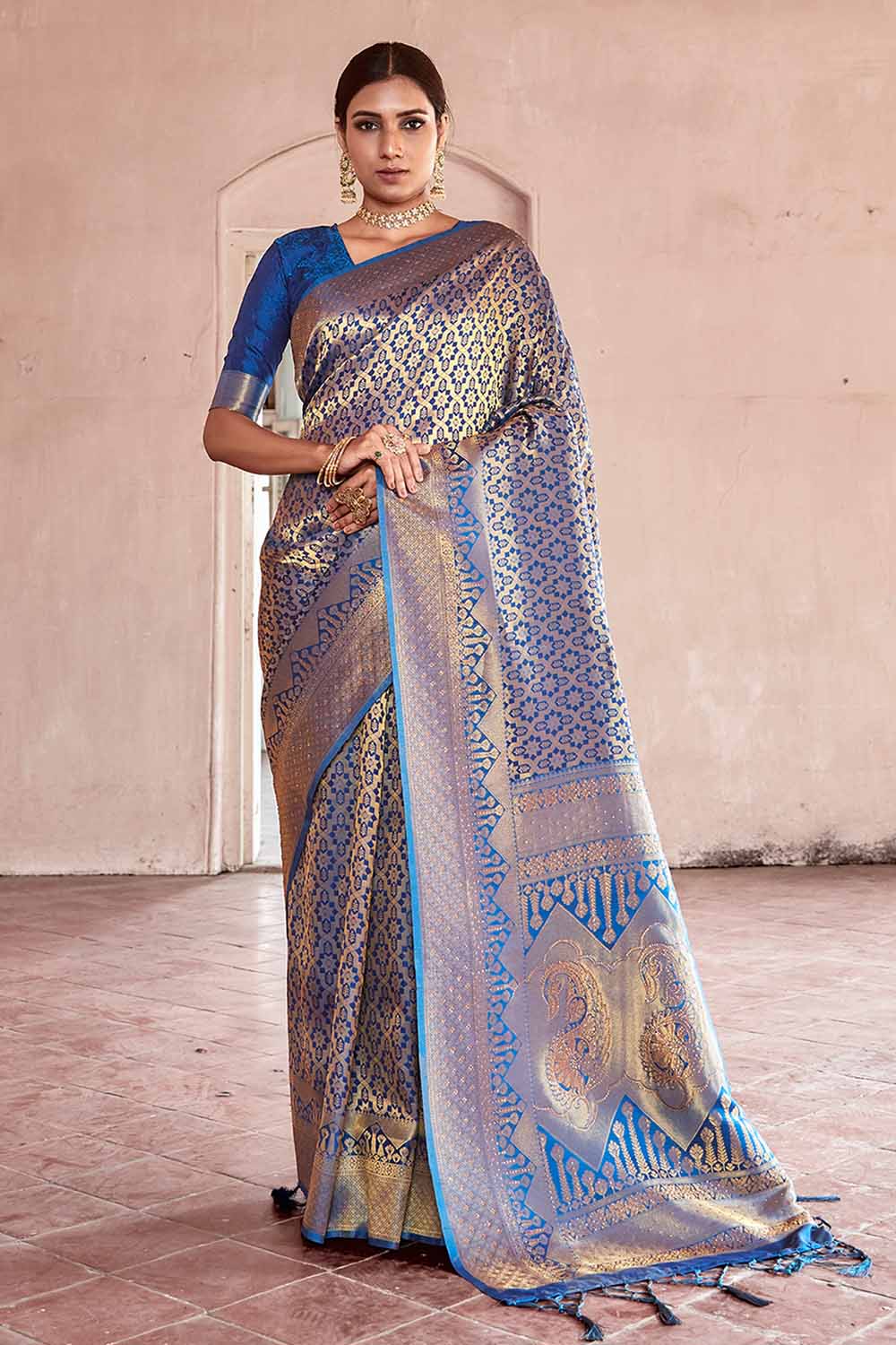 AZURE BLUE HANDLOOM WEAVE Swarovski KANJIVARAM SILK SAREE