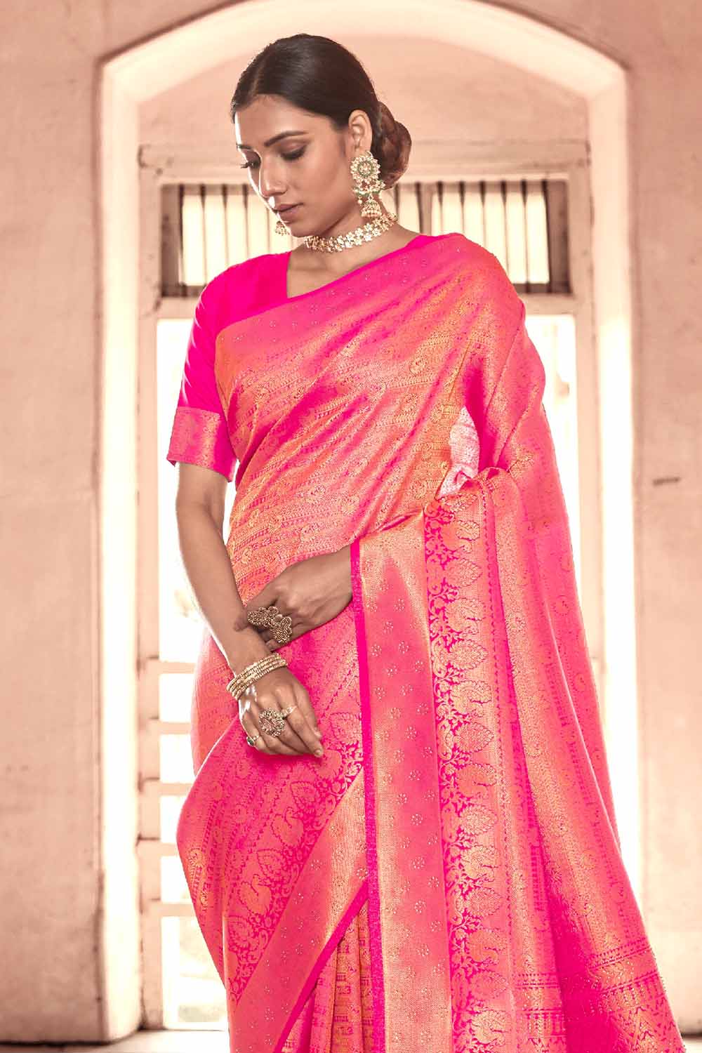 BARBIE PINK HANDLOOM WEAVE Swarovski KANJIVARAM SILK SAREE