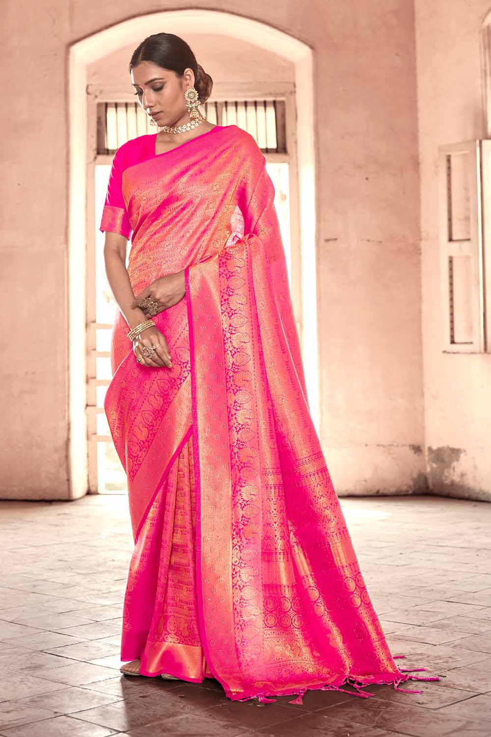 BARBIE PINK HANDLOOM WEAVE Swarovski KANJIVARAM SILK SAREE