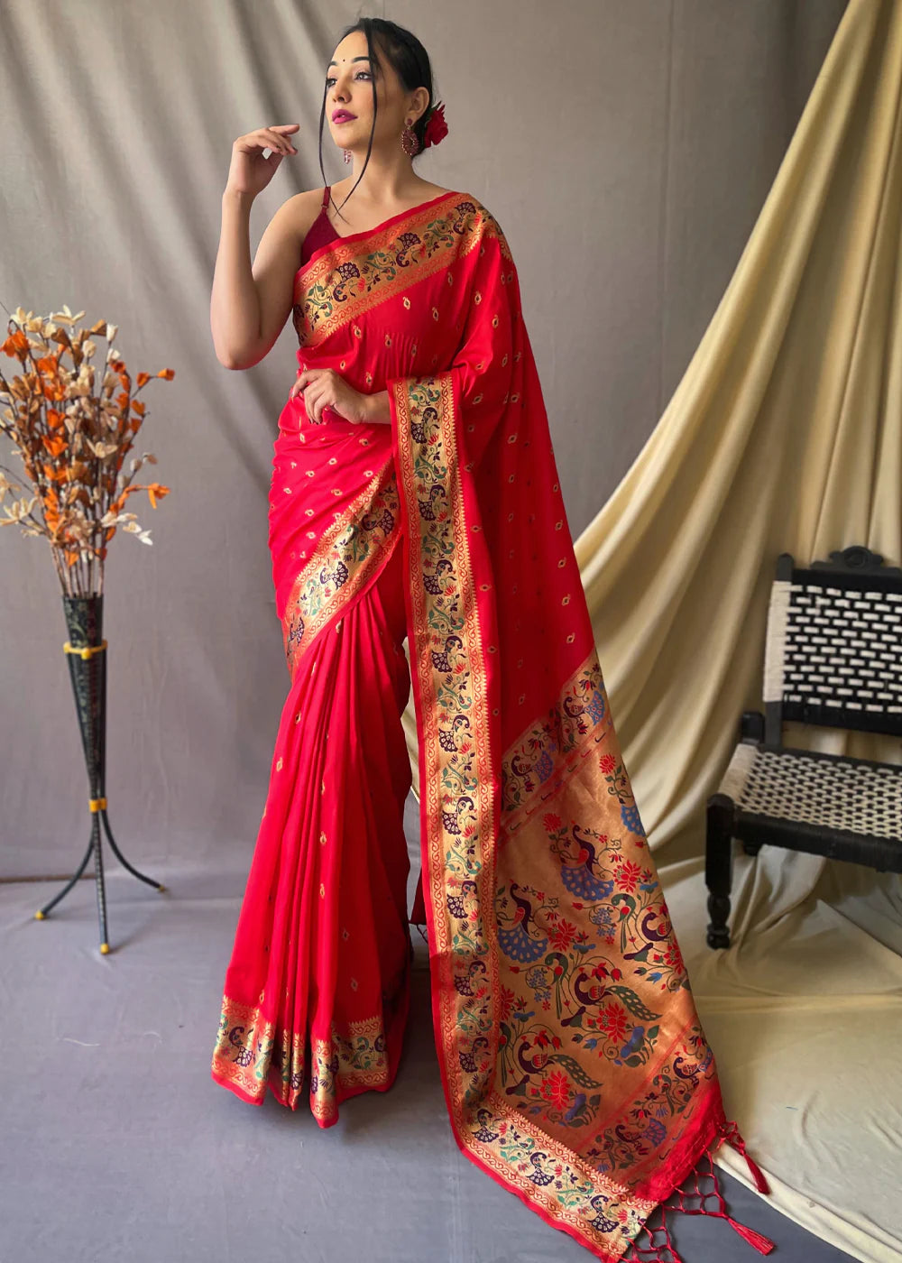 CHERRY RED  Woven Paithani Silk Saree