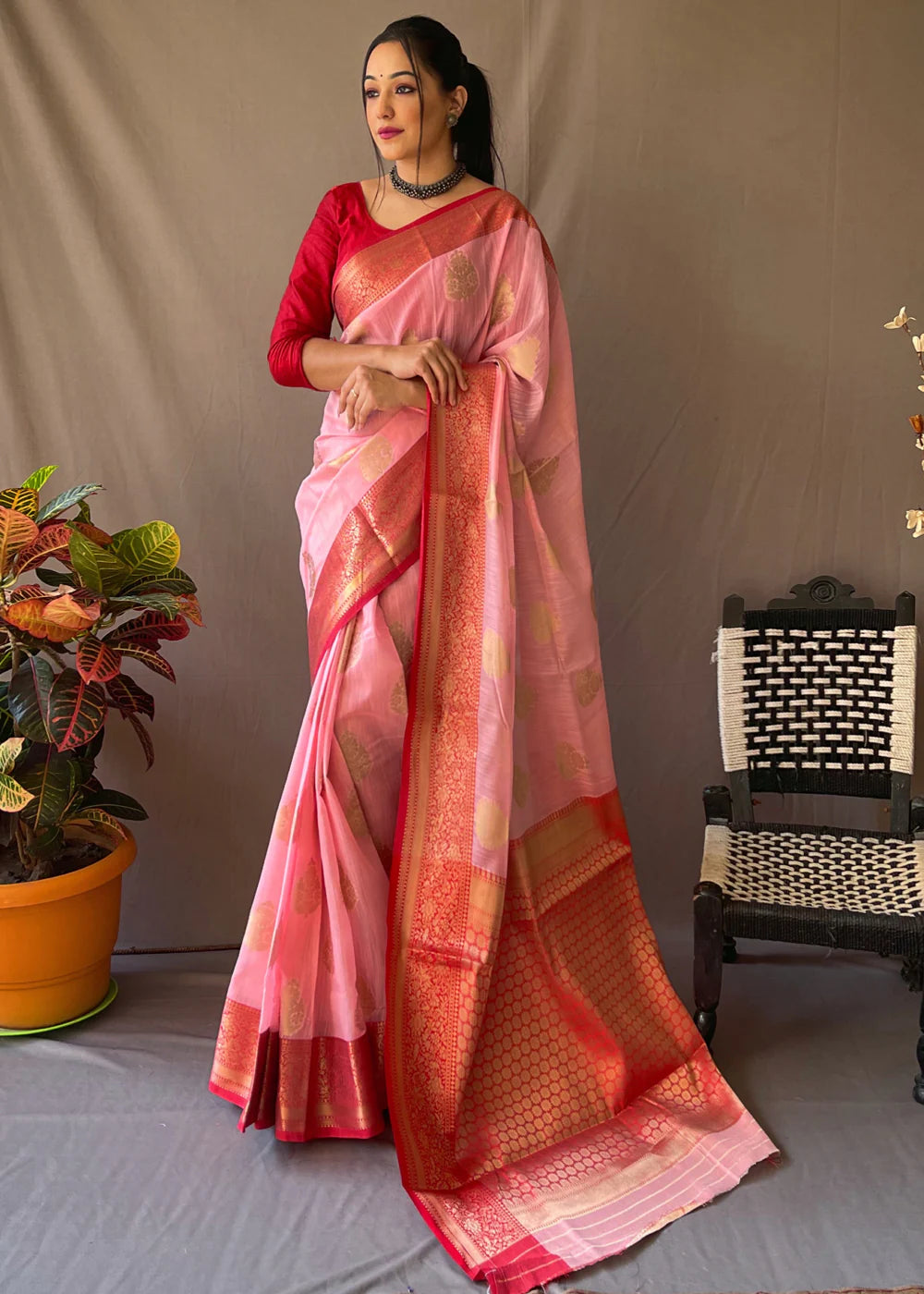 MAUVELOUS PINK Linen  Banarasi Silk Saree