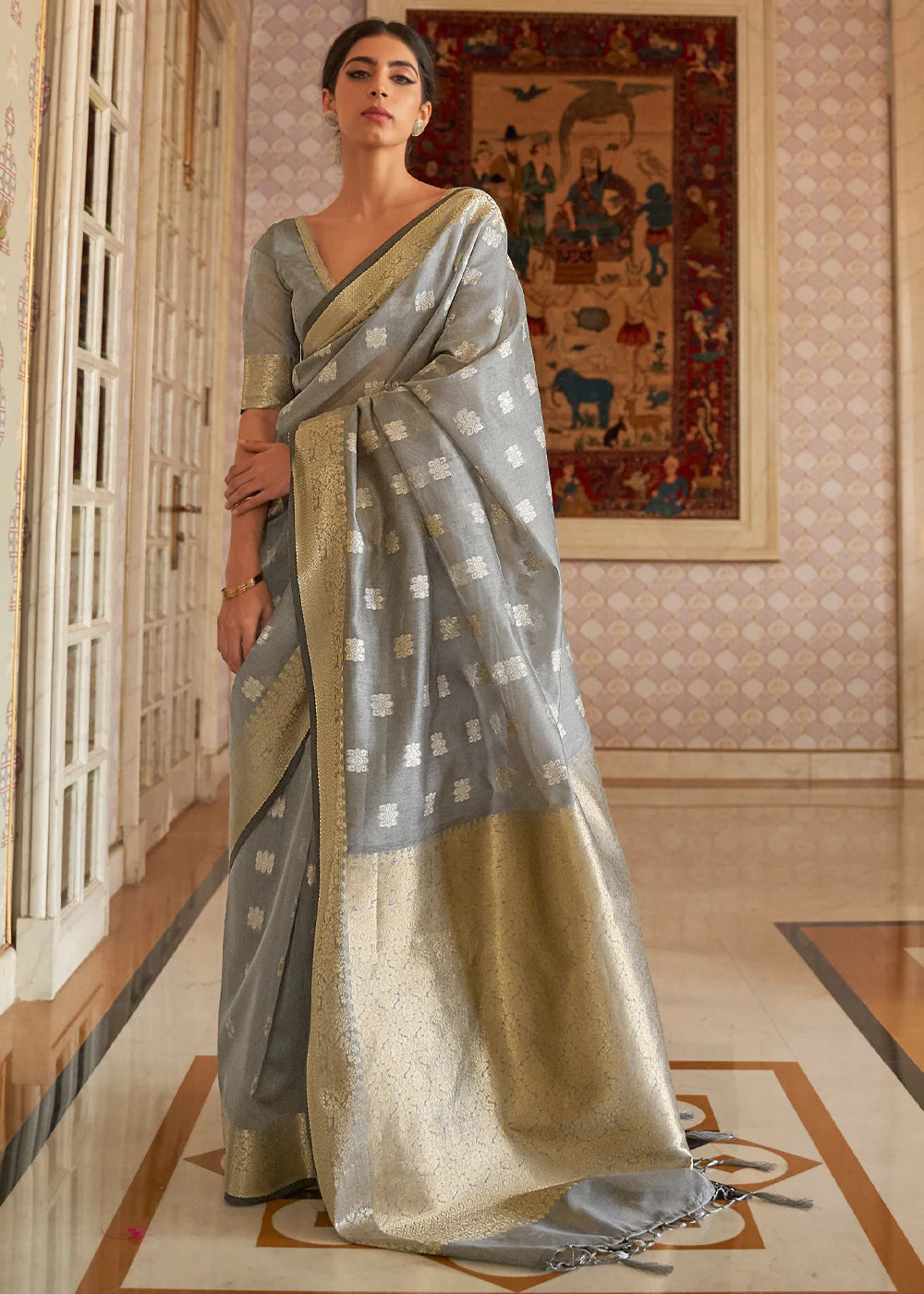 Grey And Gold Woven Banarsi Silk Saree