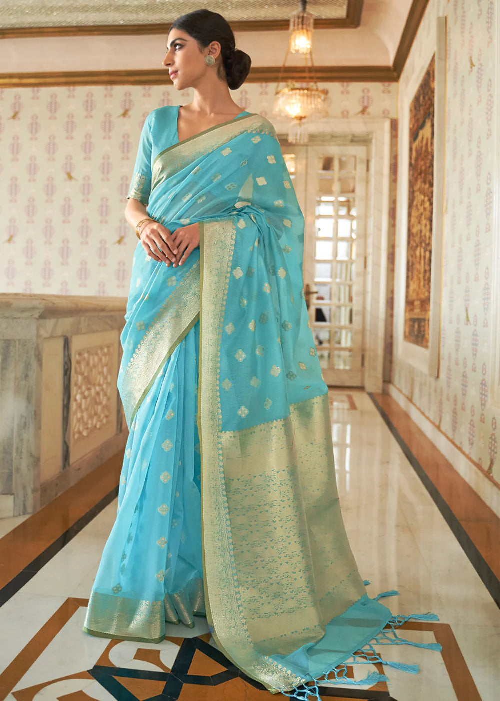 Light BLUE ZARI WOVEN LINEN SILK SAREE