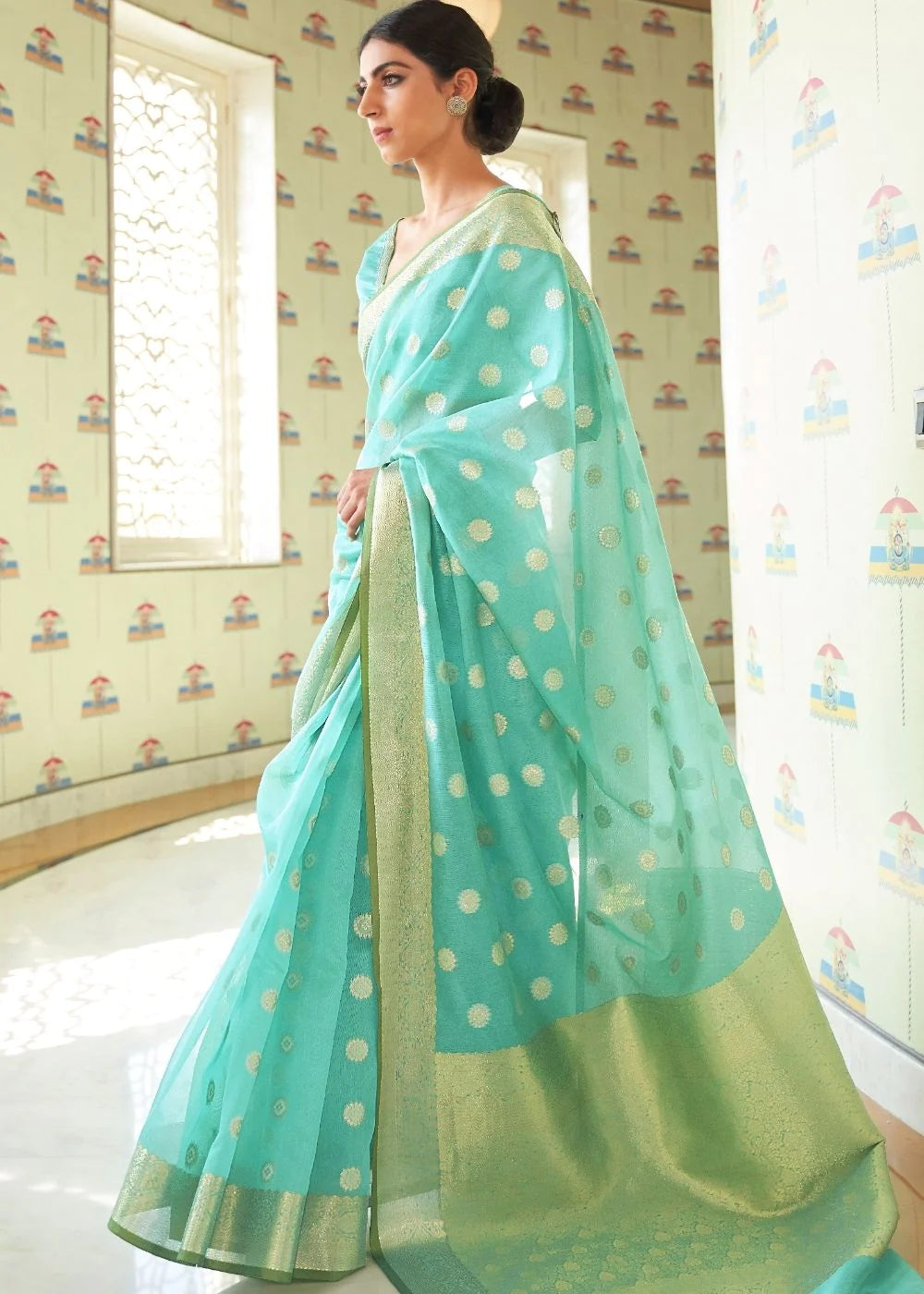 GREEN ZARI WOVEN LINEN SILK SAREE