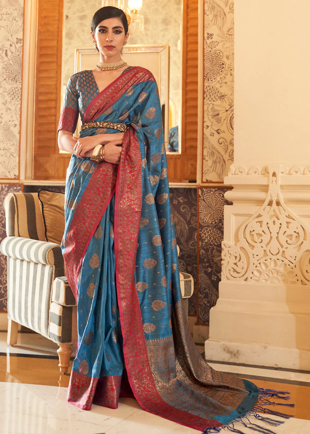 Royal Blue Woven Banarasi Tussar Silk Saree