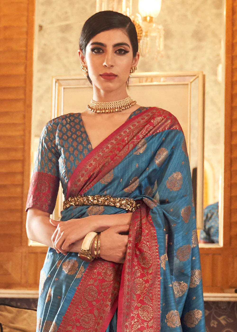 Royal Blue Woven Banarasi Tussar Silk Saree