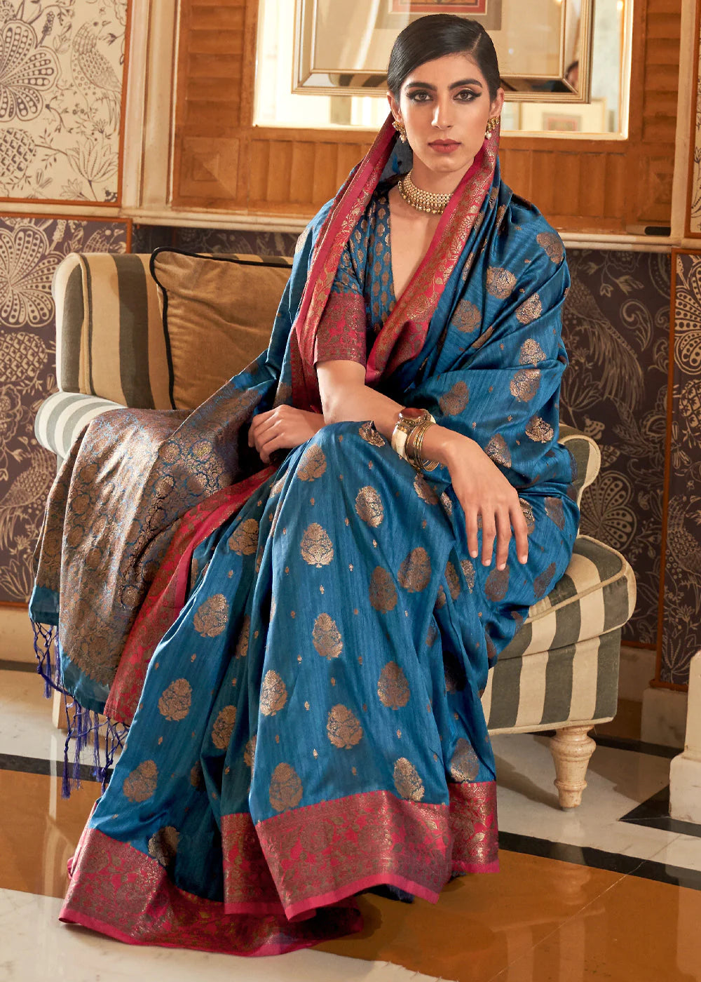 Royal Blue Woven Banarasi Tussar Silk Saree