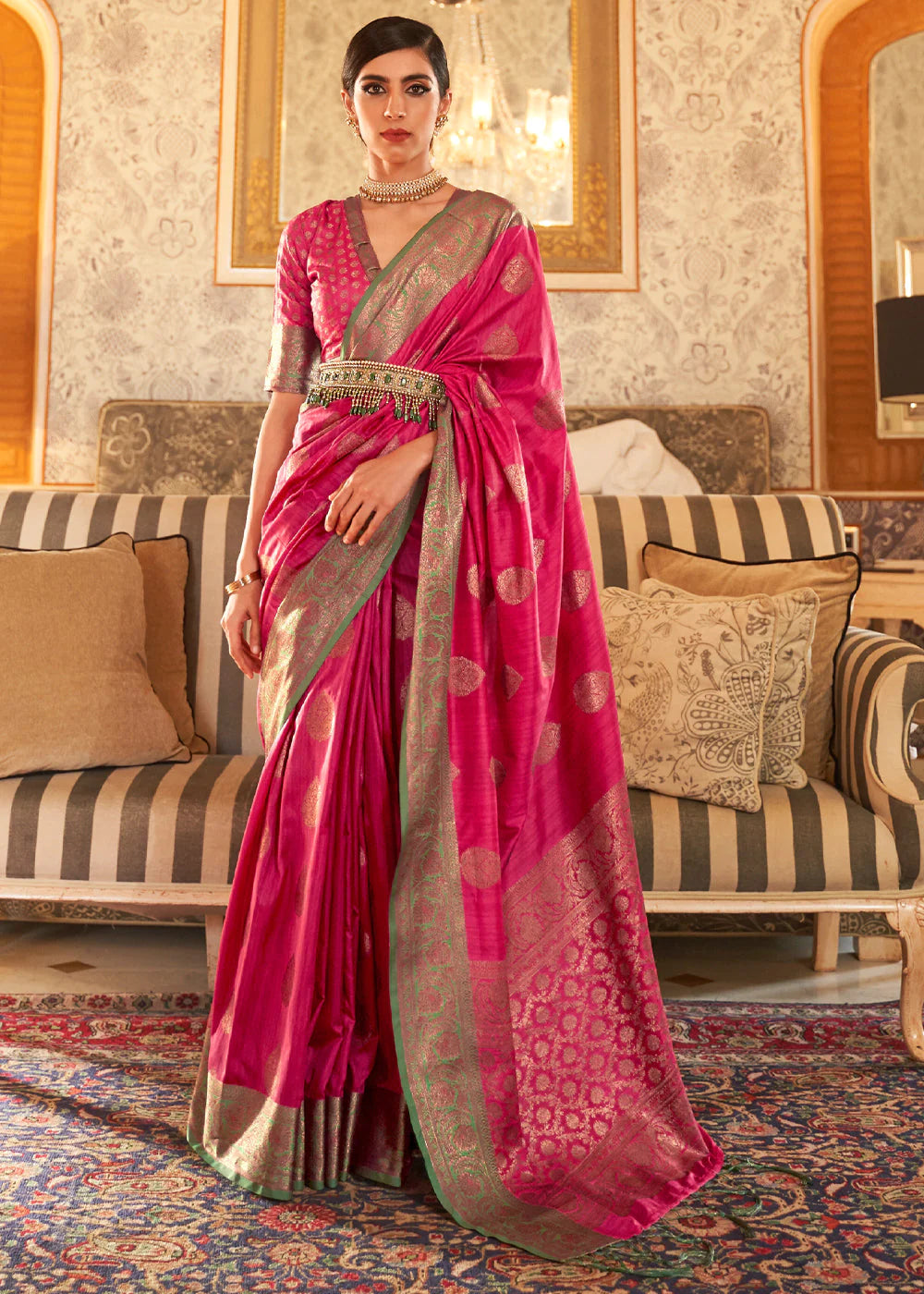 PASTEL PINK WOVEN BANARASI TUSSAR SILK SAREE