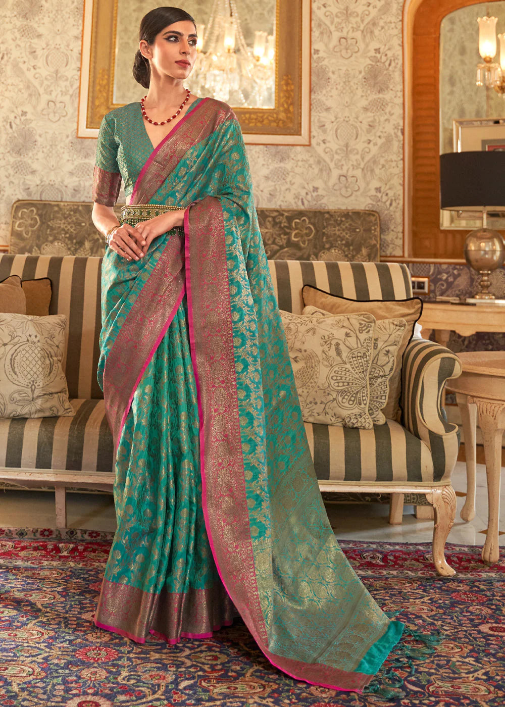 FOREST GREEN WOVEN BANARASI TUSSAR SILK SAREE