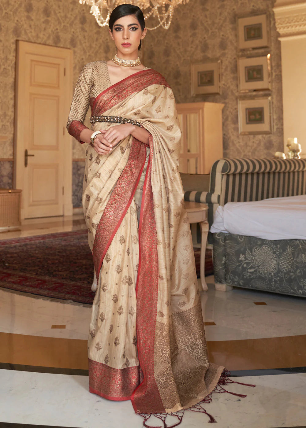 FAWN BROWN WOVEN BANARASI TUSSAR SILK SAREE