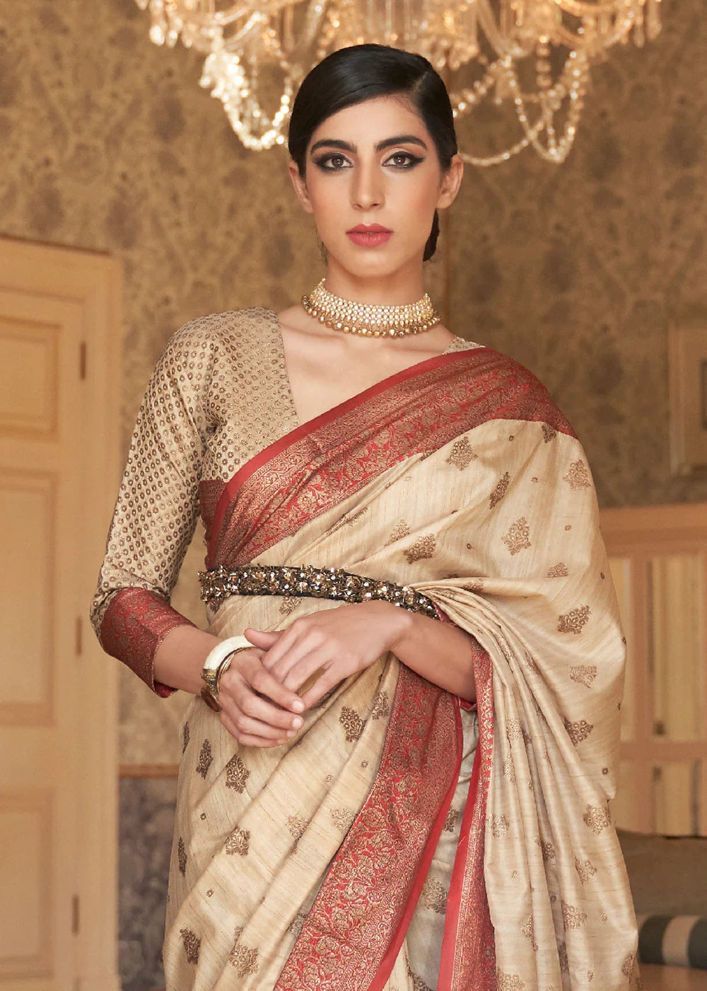 FAWN BROWN WOVEN BANARASI TUSSAR SILK SAREE