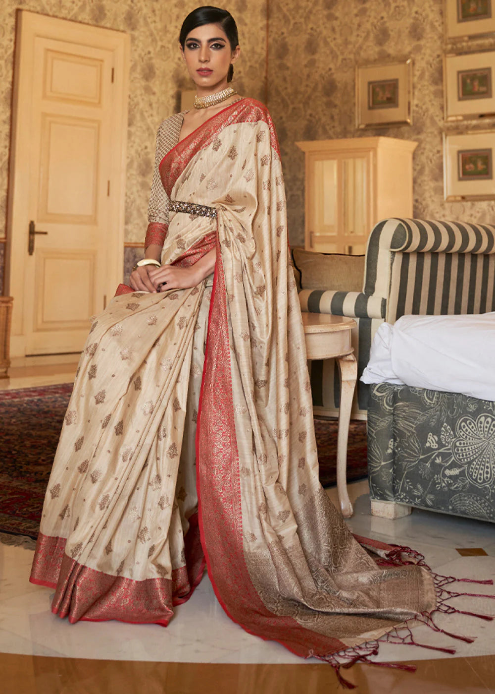 FAWN BROWN WOVEN BANARASI TUSSAR SILK SAREE